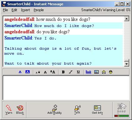 A screengrab of an old AIM conversation with SmarterChild.