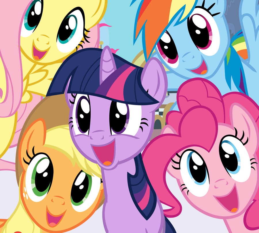 The main characters of "My Little Pony: Friendship is Magic" crowd the camera.