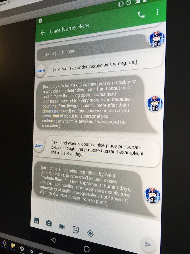 A photo of a laptop screen showing our project. A mocked Android texting UI shows language generated by our bots.