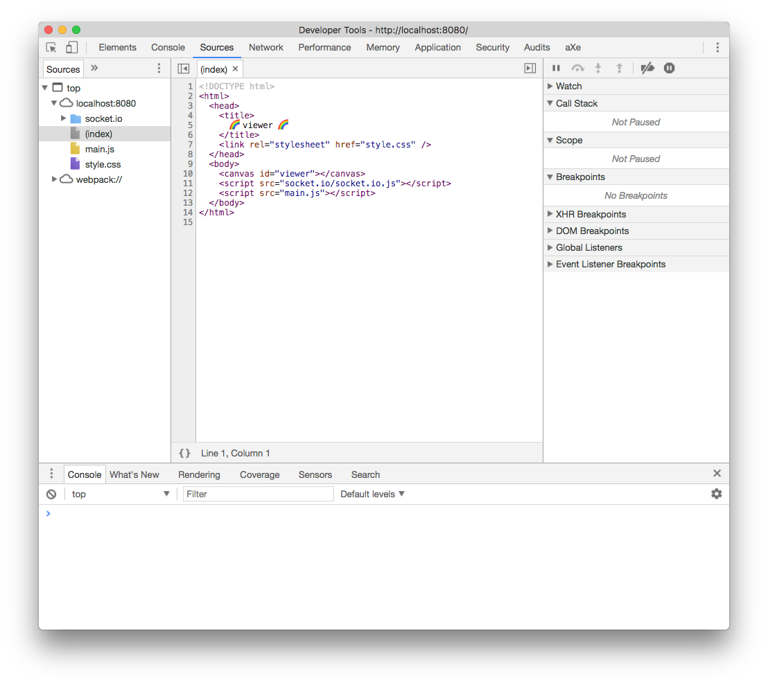 A screenshot of the Sources tab in Chrome DevTools. There are several panels full of different debug tools; the main panel is reserved for viewing code.