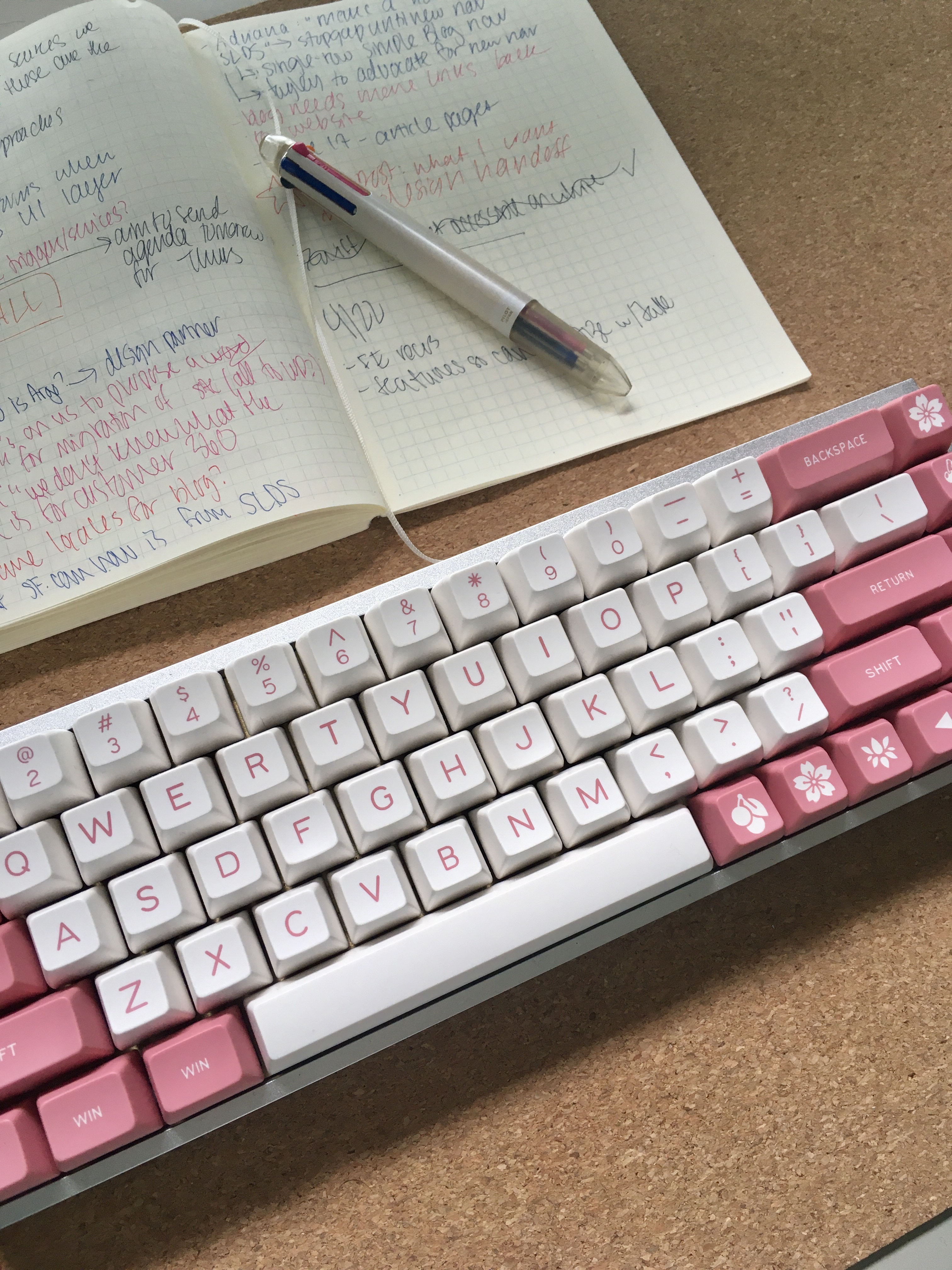 A pink-and-white keyboard.