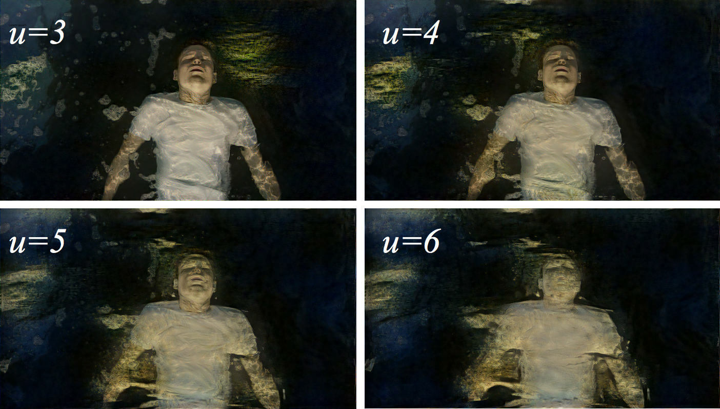 Four squares illustrating different degrees of visual treatment for "Come Swim". All depict a man in water, but each has been modified to have its own visual style.
