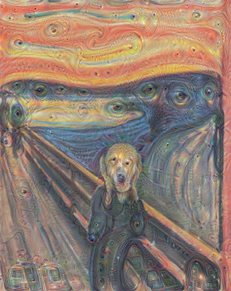 "The Scream" by Edvard Munch, but all the fields of color have been subdivided into roiling curls resembling nested eyes, cars, and dogs.