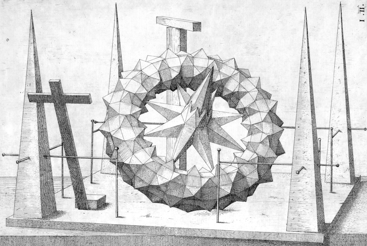 An etching of a fractured geometric figure propped up on a platform surrounded by quare pyramids and a crucifix.