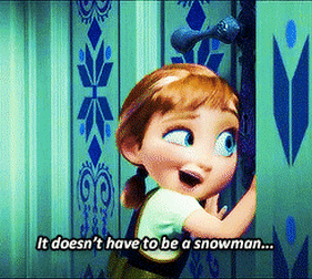 Ana from Disney's "Frozen" sings into a closed door. Subtitle reads: "Do you want to build a snowman?"