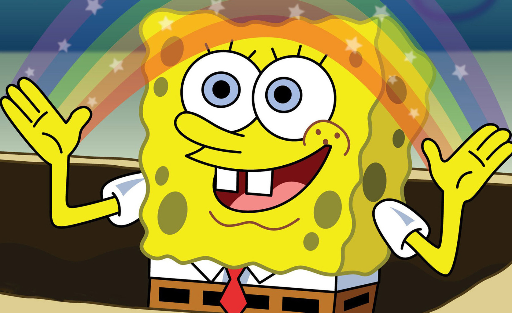 Spongebob holds up his hands; a rainbow arches between his palms.